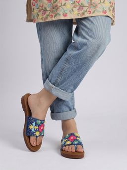 Dollphin - Women'S Handmade Floral Embroidered Blue Flats