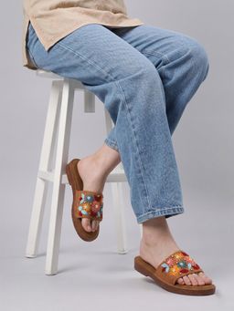 Dollphin - Women’S Stylish Floral Embellished Beige Flats