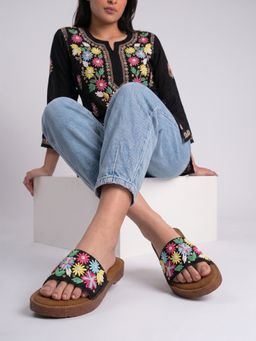 Dollphin - Women'S Handmade Floral Embroidered Black Flats