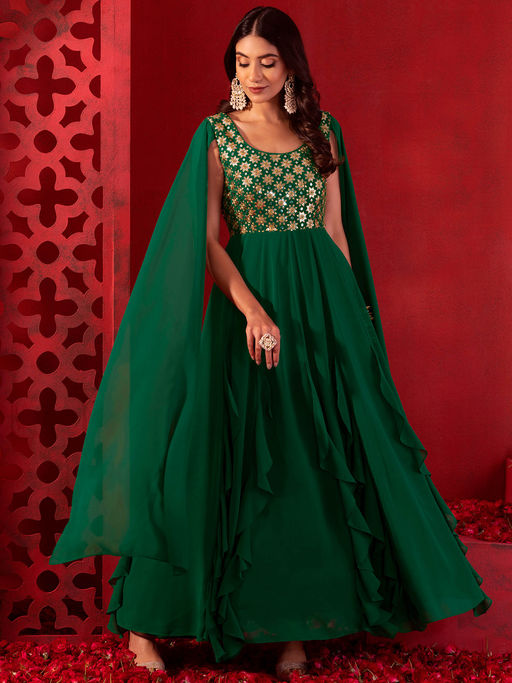 Buy Indya Luxe Forest Green Sequin Mirror and Zari Embroidered Gown Online Buy Indya Luxe Forest Green Sequin Mirror and Zari Embroidered Gown Online