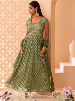 Indya Luxe - Fern Green Sequin Embroidered Anarkali Kurta with Churidar Mesh Dupatta (Set of 3)