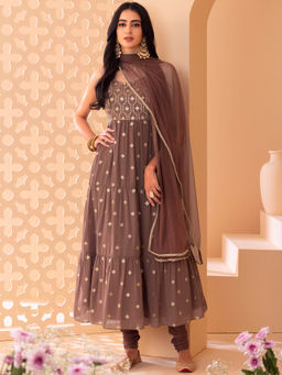 Indya Luxe - Dusty Pink Sequin Embroidered Tiered Anarkali Kurta with Churidar Dupatta (Set of 3)