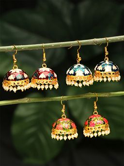 Yellow Chimes - Set of 3 pair Gold-Plated Meenakari Jhumka Earrings