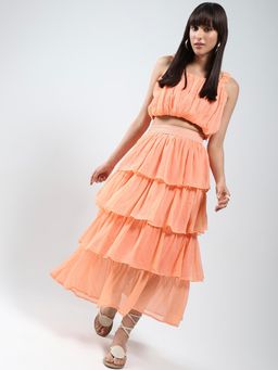 Sera - Coral Solid Crop Top Skirt Co-Ord (Set of 2)