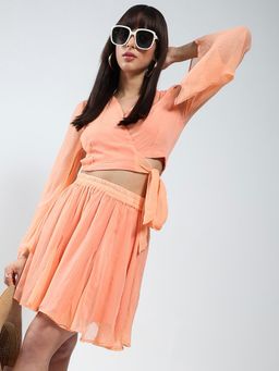 Sera - Coral Solid Crop Top Skirt Co-Ord (Set of 2)