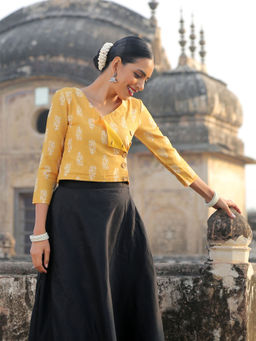 Triyah - Yellow Flower Angrakha Blouse