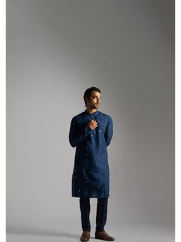 PAARSH - Men Navy Blue Thread Work Kurta With Pant