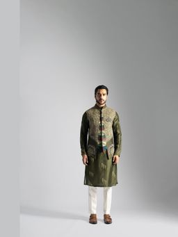 PAARSH - Men Olive Embraided Kurta With Pant And Nehru Jacket