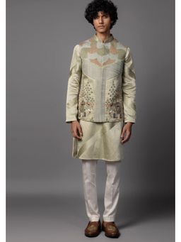 PAARSH - Men Green Kasuti Elephant Kurta With Pant And Nehru Jacket