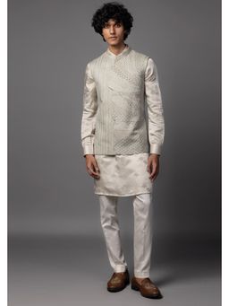 PAARSH - Men Grey Kasuti Cutwork Kurta With Pant And Nehru Jacket