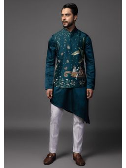 PAARSH - Men Teal Shiv Parvati Milan Kurta With Pant And Nehru Jacket