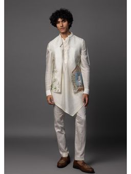 PAARSH - Men Silver The Bird House Kurta With Pant And Nehru Jacket