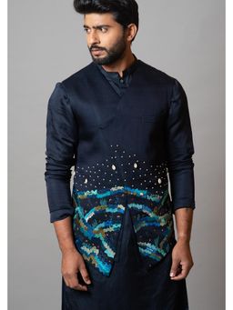 PAARSH - Men Navy Blue Seashore Kurta With Nehru Jacket