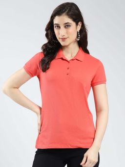 Monte Carlo - Coral Women Solid Collar Neck Polo T-Shirt