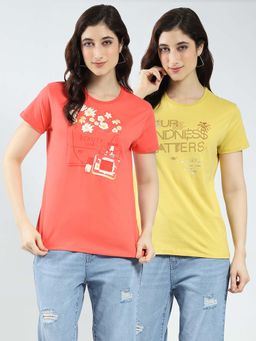 Monte Carlo - Coral Women Printed Round Neck T-Shirt (Pack of 2)