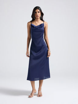 Twenty Dresses by Nykaa Fashion - Navy Blue Satin Cowl Neck Strappy Midi Dress