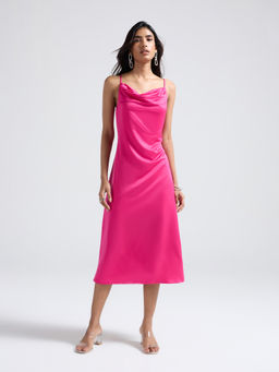 Twenty Dresses by Nykaa Fashion - Pink Satin Cowl Neck Strappy Midi Dress
