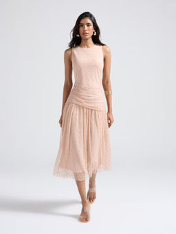 Twenty Dresses by Nykaa Fashion - Pink Polka Dots Pleated Drop Waist Midi Dress