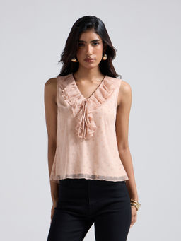 Twenty Dresses by Nykaa Fashion - Pink Polka Dots V Neck Ruffled Mock Tie Up Top