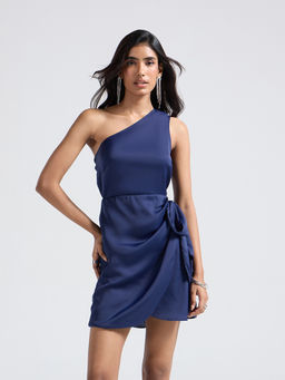 Twenty Dresses by Nykaa Fashion - Navy Blue One Shoulder Bow Detail Wrap Mini Dress