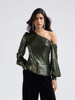 Twenty Dresses by Nykaa Fashion - Olive Sequin One Shoulder Asymmetric Hem Top