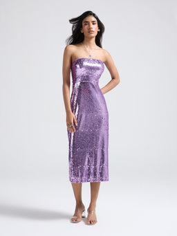 Twenty Dresses by Nykaa Fashion - Purple Sequin Embellished Tube Midi Dress