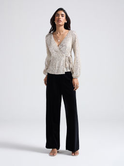 Twenty Dresses by Nykaa Fashion - Silver Sequin Embellished Wrap Tie Up Top