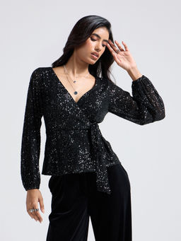 Twenty Dresses by Nykaa Fashion - Black Sequin Embellished Wrap Tie Up Top