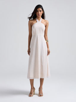 Twenty Dresses by Nykaa Fashion - Cream Polka Dots Halter Neck Flared Midi Dress