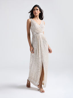 Twenty Dresses by Nykaa Fashion - Silver Sequin V Neck Sleeveless Wrap Gown