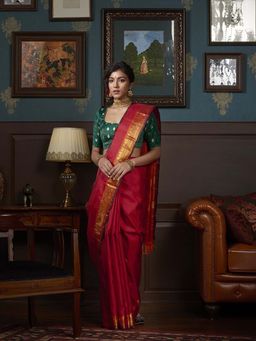 WeaverStory - Red Handloom Kanjivaram Silk Saree with Orange Paisley Border with Unstitched Blouse