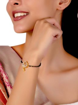 Voylla - American Diamond CZ Golden Lotus Shaped Brass Black Beaded Mangalsutra Bracelet