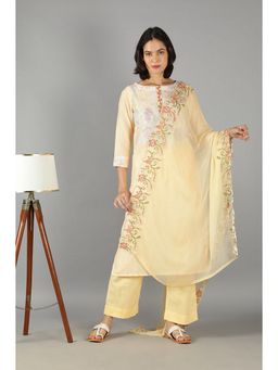Barara Ethnic - Yellow Straight Kurta With Embroidered Cutwork Dupatta (Set of 3)