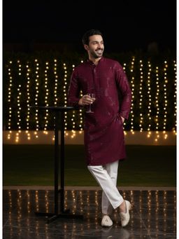 KISAH - Burgundy Cotton Blend Full Sleeves Kurta with Pant