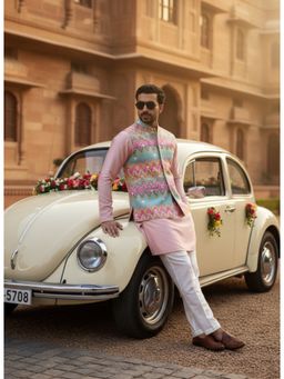 KISAH - Multi-Color Cotton Blend Full Sleeves Kurta With Nehru Jacket & Pant