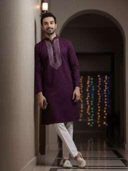 KISAH - Burgundy Silk Blend Full Sleeves Kurta With Pant