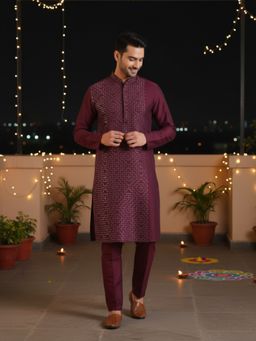 KISAH - Burgundy Silk Blend Full Sleeves Kurta With Pant