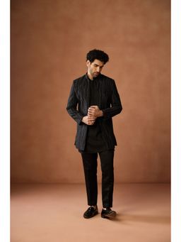 KISAH - Black Silk Blend Full Sleeves Kurta With Sherwani & Pant