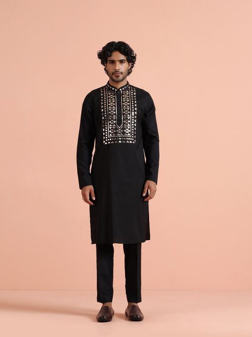 KISAH Black Silk Blend Full Sleeves Kurta With Pant