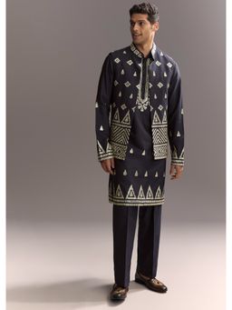 KALKI FASHION - Navy Blue Silk Full Sleeves Kurta With Nehru Jacket & Pant