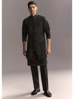 KALKI FASHION - Black Silk Full Sleeves Kurta With Nehru Jacket & Pant