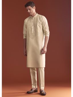 KALKI FASHION - Beige Tussar Silk Full Sleeves Kurta With Pant