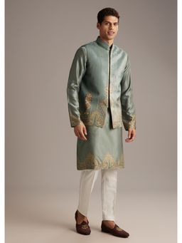 KALKI FASHION - Green Velvet Full Sleeves Kurta With Nehru Jacket & Pant