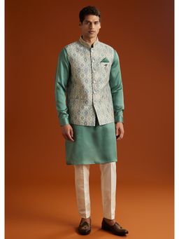 KALKI FASHION - Green Silk Full Sleeves Kurta With Nehru Jacket & Pant