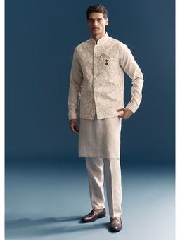 KALKI FASHION - Off White Linen Full Sleeves Kurta With Nehru Jacket & Pant