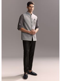 KALKI FASHION - Grey Silk Full Sleeves Nehru Jacket With Shirt & Pant