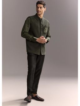 KALKI FASHION - Olive Silk Full Sleeves Nehru Jacket With Shirt & Pant