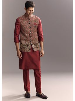 KALKI FASHION - Maroon Silk Full Sleeves Kurta With Nehru Jacket & Pant