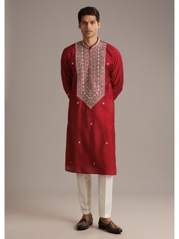 KALKI FASHION - Red Silk Full Sleeves Kurta With Pant