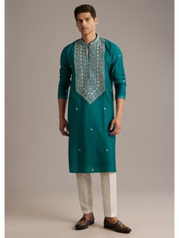KALKI FASHION - Teal Silk Full Sleeves Kurta With Pant